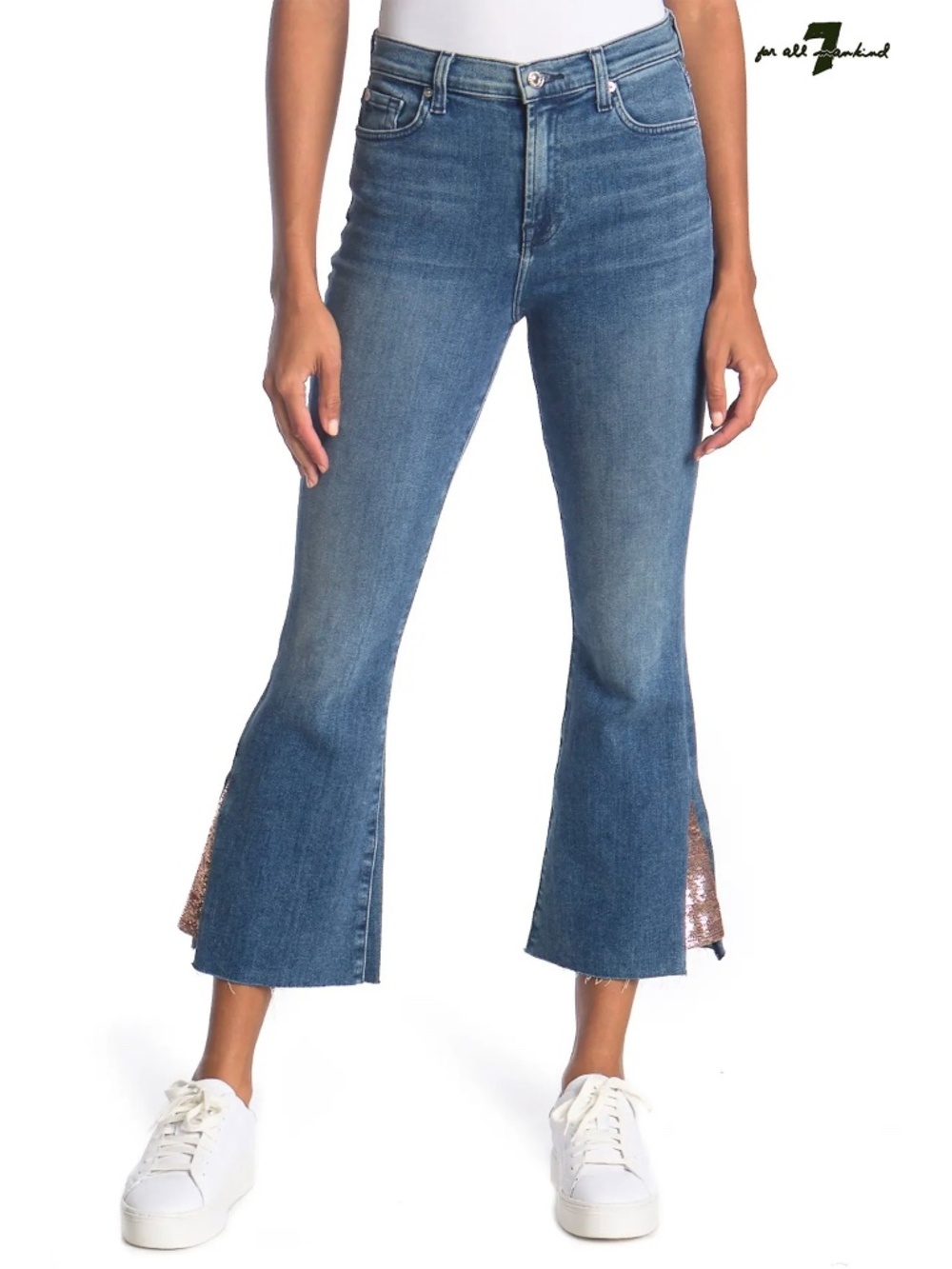 7 FOR ALL MANKIND NWT HIGH WAIST SLIM KICK SEQUIN FLARE CROP STEL JEAN. SIZE 26
